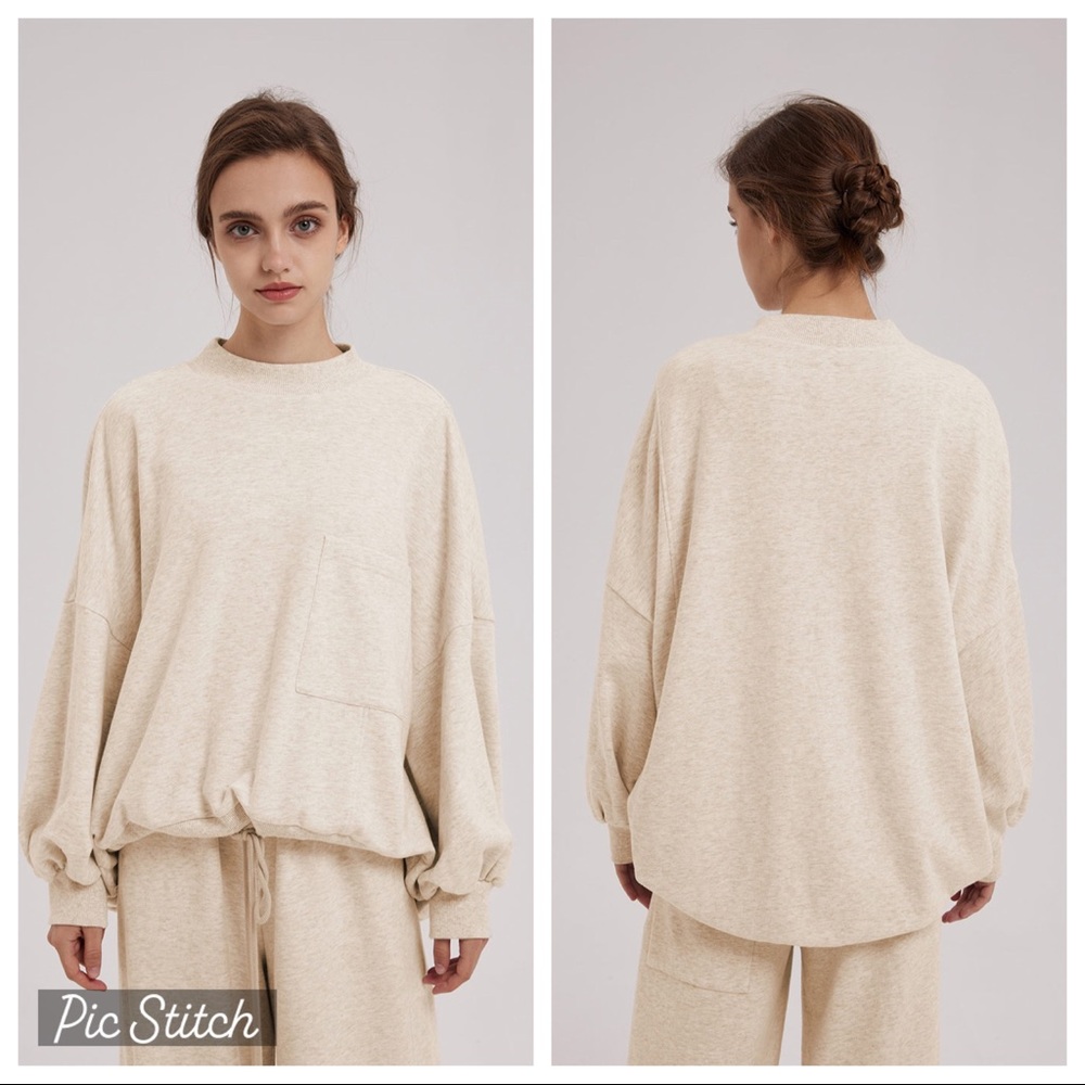 NAP Loungewear Cream Oversized Sweatshirt Mock Neck Drawstring Hem NEW XS Cozy